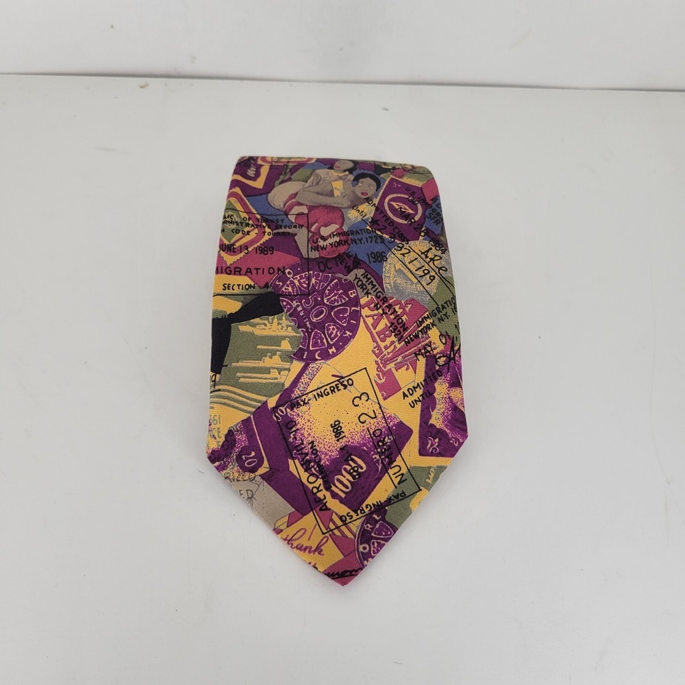 VINTAGE HUGO BOSS TIE LUXURY 100% SILK‎ MADE IN ITALY Colorful Stamps Money Art